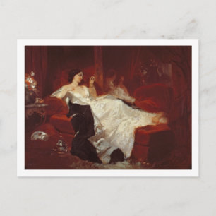 Woman on a red sofa postcard