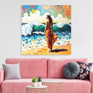 Woman on Beach Abstract Seaside Art Canvas Print