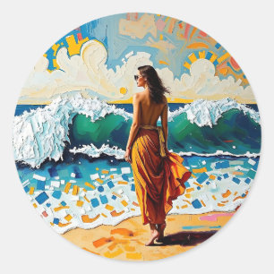 Woman on Beach Abstract Seaside Art Classic Round Sticker