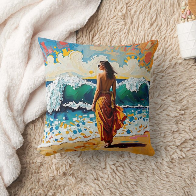 Woman on Beach Abstract Seaside Art Personalised Cushion (Blanket)