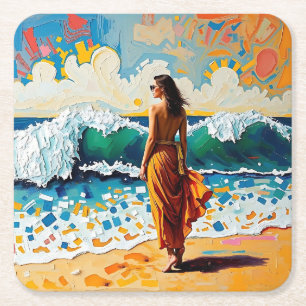 Woman on Beach Abstract Seaside Art Square Paper Coaster