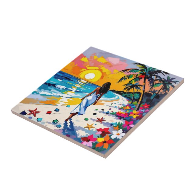 Woman on Beach Tropical Scene Ceramic Tile (Side)