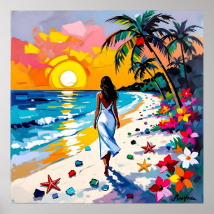 Woman on Beach Tropical Scene Poster