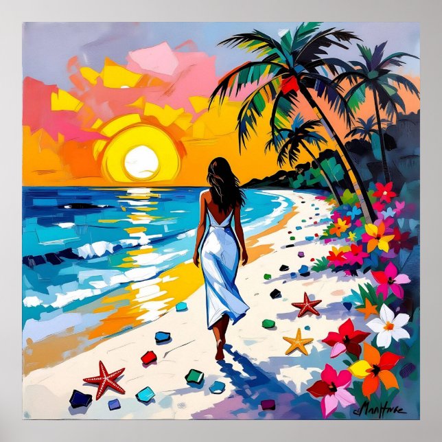 Woman on Beach Tropical Scene Poster (Front)