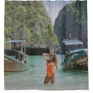 Woman on body of water between brown boats shower curtain