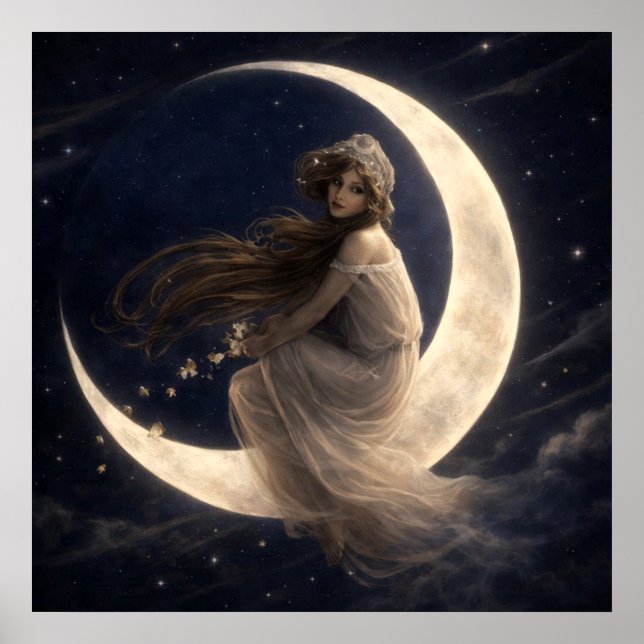 Woman On Crescent Moon With Flowers Poster (Front)