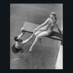 Woman on Diving Board Poster<br><div class="desc">Woman sitting on diving board,  man grasping her hand (B&W),  elevated view | George Marks | AssetID: 72131088</div>