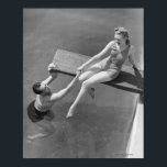 Woman on Diving Board Poster<br><div class="desc">Woman sitting on diving board,  man grasping her hand (B&W),  elevated view | George Marks | AssetID: 72131088</div>