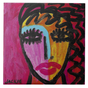 Woman on Red Abstract Portrait Ceramic Tile
