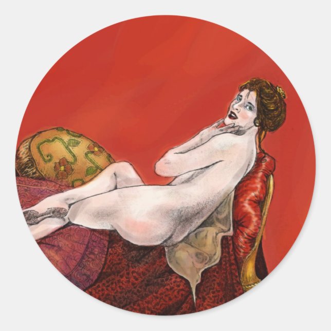 Woman on Red Sofa Classic Round Sticker (Front)