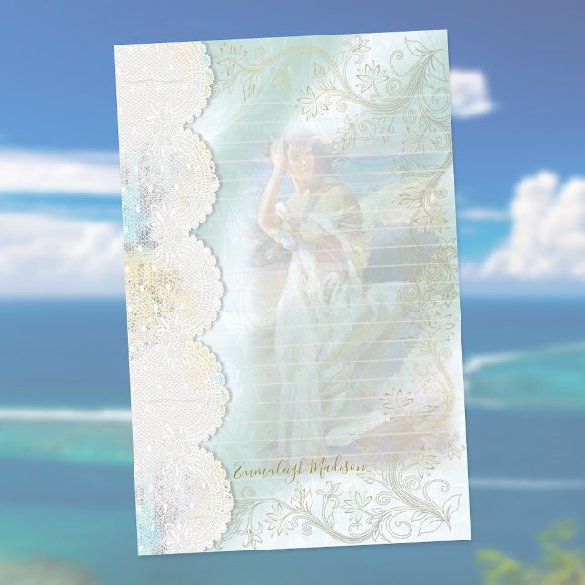 Woman on Rock at Ocean Faux Lace Lined Stationery (Creator Uploaded)