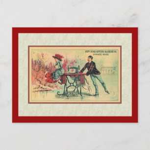 Woman on Sewing Machine on Ice Postcard