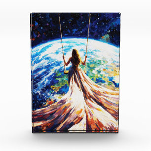 Woman on Swing Over Earth Impasto Oil Painting Photo Block