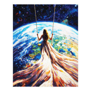 Woman on Swing Over Earth Impasto Oil Painting Photo Print