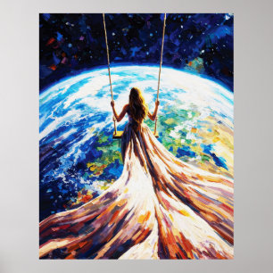 Woman on Swing Over Earth Impasto Oil Painting Poster