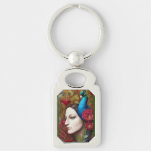 Woman, Peacock, Red flowers and heart  Key Ring
