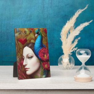 Woman, Peacock, Red flowers and heart Plaque