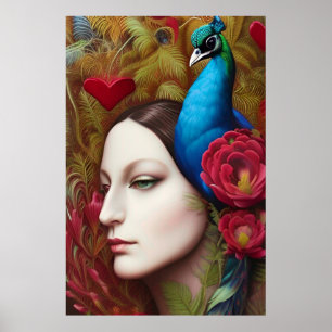 Woman, Peacock, Red flowers and heart Poster