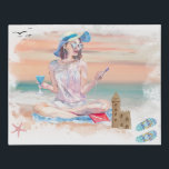 *~* Woman phone beach Faux Canvas Print<br><div class="desc">( search code AR29 for similar design items ) Faux Canvas wall art. Personalise Text - SEA THERAPY Either keep, Edit or delete. This is a watercolor painting which will lift up your spirits. Artsy Modern Beach Sun Bathing party GIRL listening to MUSIC on her MOBILE PHONE while sipping on...</div>