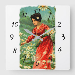 Woman picking flowers square wall clock