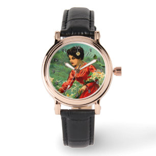 Woman picking flowers vintage watch
