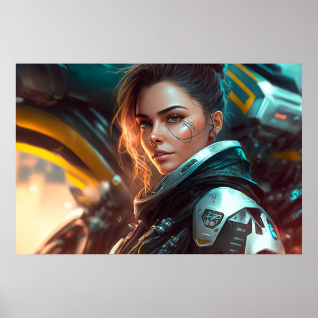 Woman Pilot in a City of the Future Poster (Front)