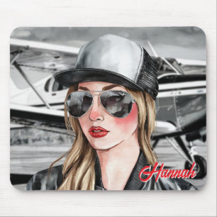 Woman Pilot & Sunglasses Cessna Aeroplane Christma Mouse Pad