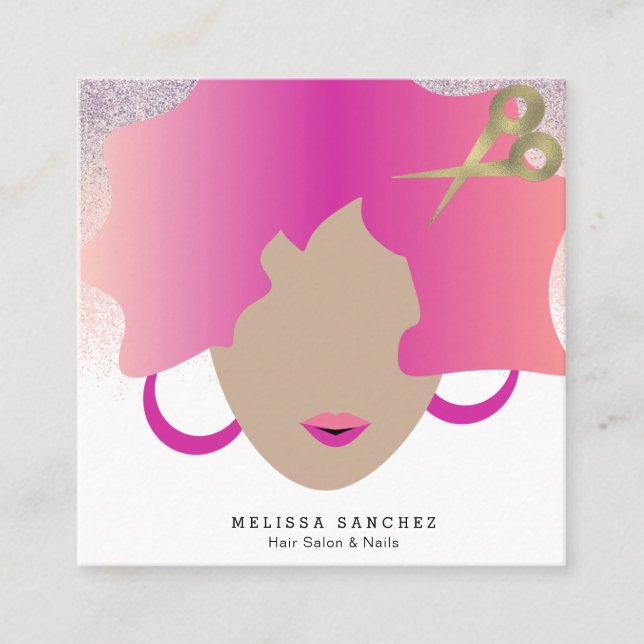 Woman Pink Hair Faux Gold Glitter Salon Beauty Square Business Card (Front)
