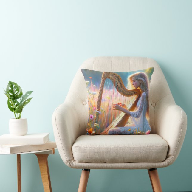 Woman Playing a Harp In Wildflowers Cushion (Chair)