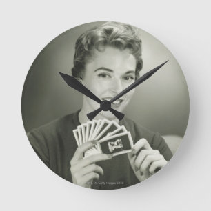 Woman Playing Cards Round Clock
