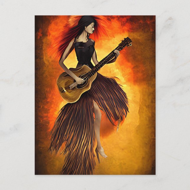 Woman Playing guitar red Sky Abstract original art Postcard (Front)