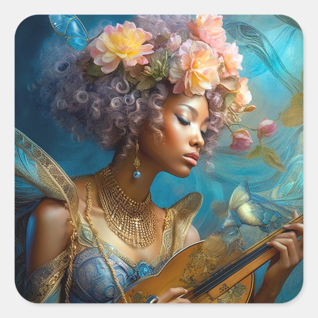 Woman Playing Lute African American Fantasy Art Square Sticker (Front)