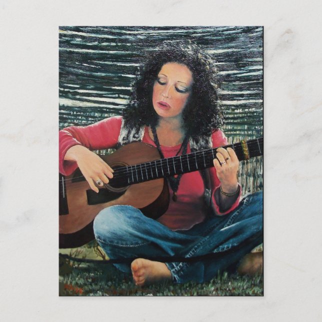 WOMAN PLAYING MUSIC WITH ACOUISTIC GUITAR POSTCARD (Front)