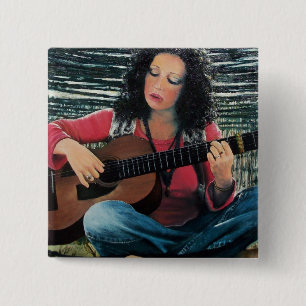 Woman Playing Music With Acoustic Guitar 15 Cm Square Badge