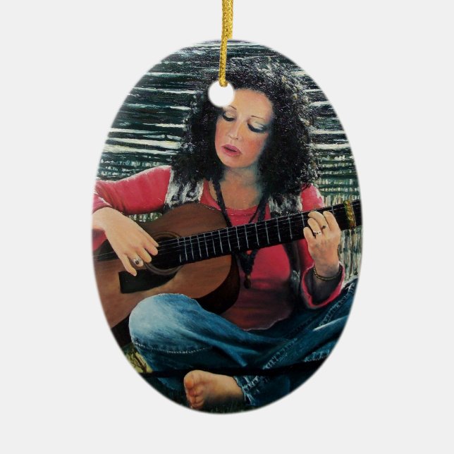 Woman Playing Music With Acoustic Guitar Ceramic Tree Decoration (Front)