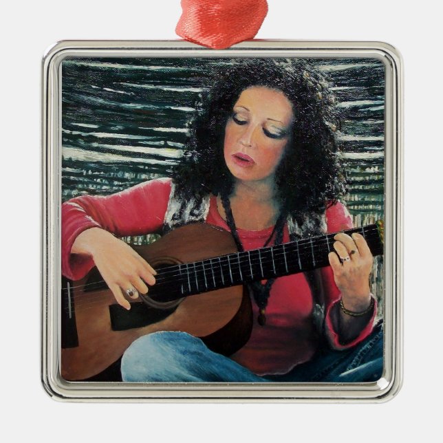 Woman Playing Music With Acoustic Guitar Metal Tree Decoration (Front)
