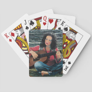 Woman Playing Music With Acoustic Guitar Playing Cards
