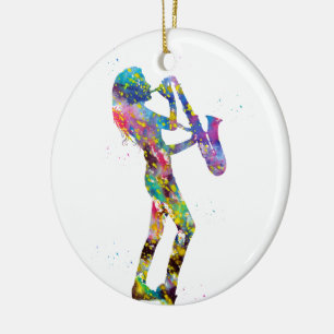 Woman playing saxophone ceramic ornament