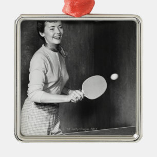 Woman Playing Table Tennis Metal Ornament