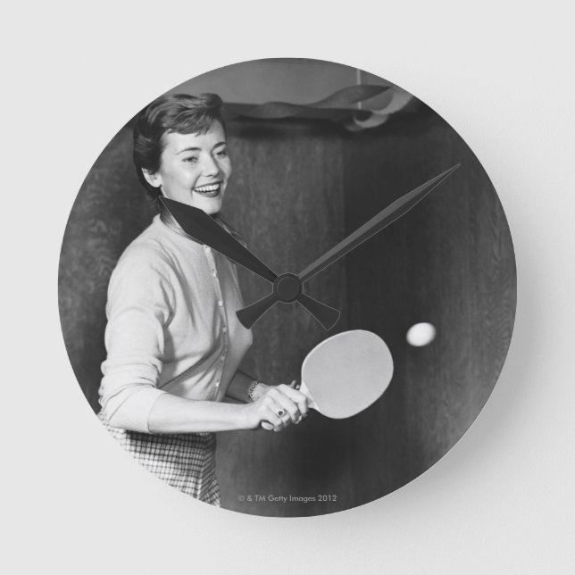Woman Playing Table Tennis Round Clock (Front)