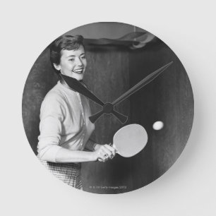 Woman Playing Table Tennis Round Clock