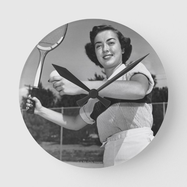Woman Playing Tennis 3 Round Clock (Front)
