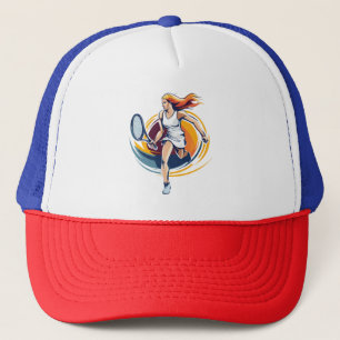woman playing tennis trucker hat