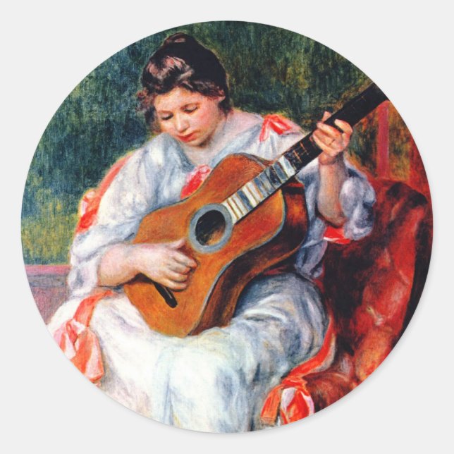 Woman Playing The Guitar by Pierre Renoir Classic Round Sticker (Front)