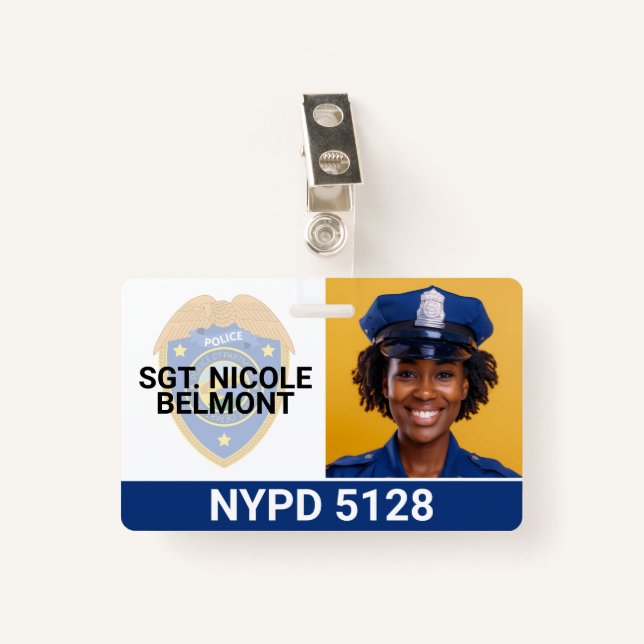 Woman Police Officer Smiling ID Badge (Front with Clip)
