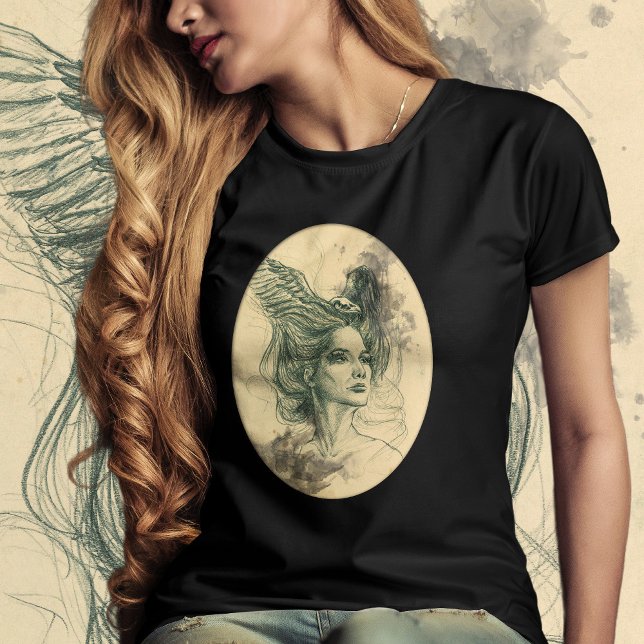 Woman portrait Bird skull and Wings Surreal art T-Shirt (Creator Uploaded)