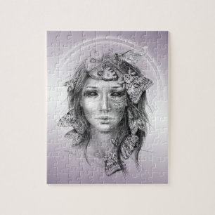 Woman portrait Moths Violet purple Surreal art Jigsaw Puzzle