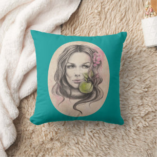 Woman portrait with apple and blossom Surreal art Cushion