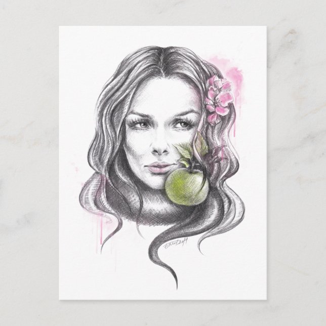Woman portrait with apple and blossom Surreal art Postcard (Front)