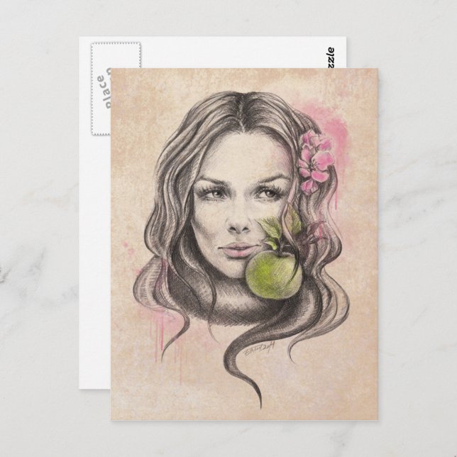 Woman portrait with apple and blossom Surreal art Postcard (Front/Back)